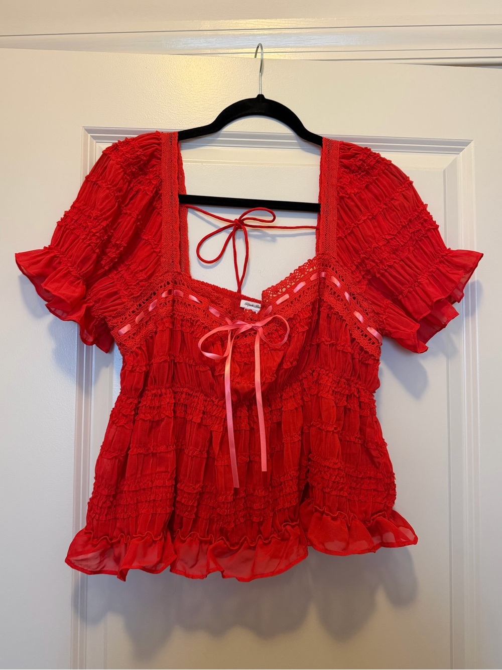 Kimchi Blue Red Ruffle Tie-Front Babydoll Blouse Urban Outfitters